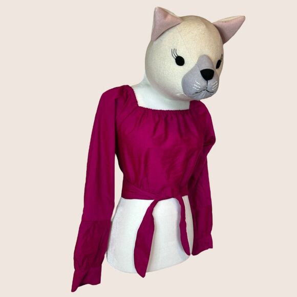 🩷 KARAH MADE IN CALIFORNIA HOT PINK WRAP CROP TOP LONG SLEEVE SMALL - Picture 2 of 7